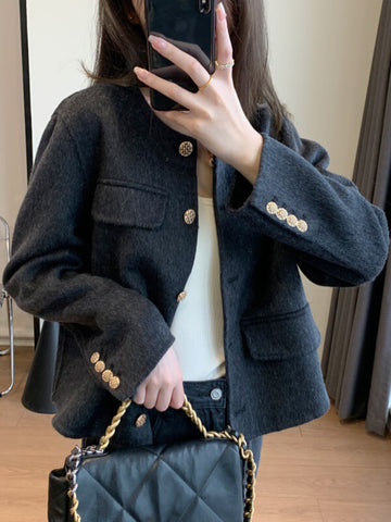 Airchics blazer courte laine boutonnage avec poches col rond femme mode